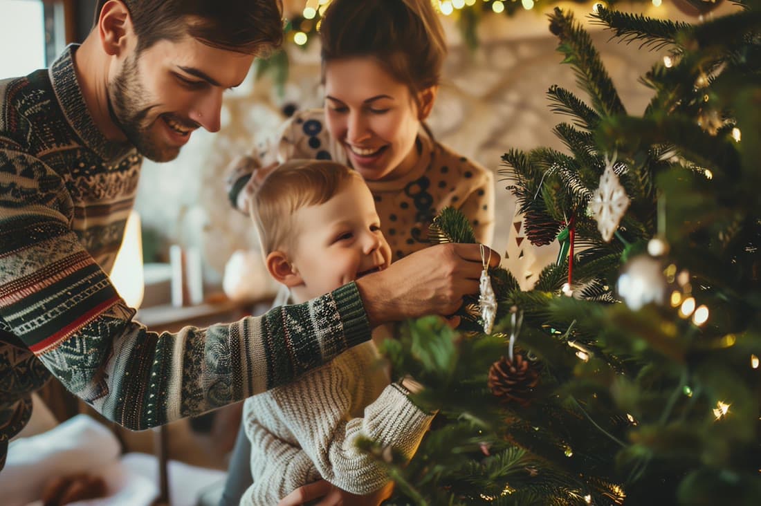 A family opening presents together beside a lit tree on Christmas morning