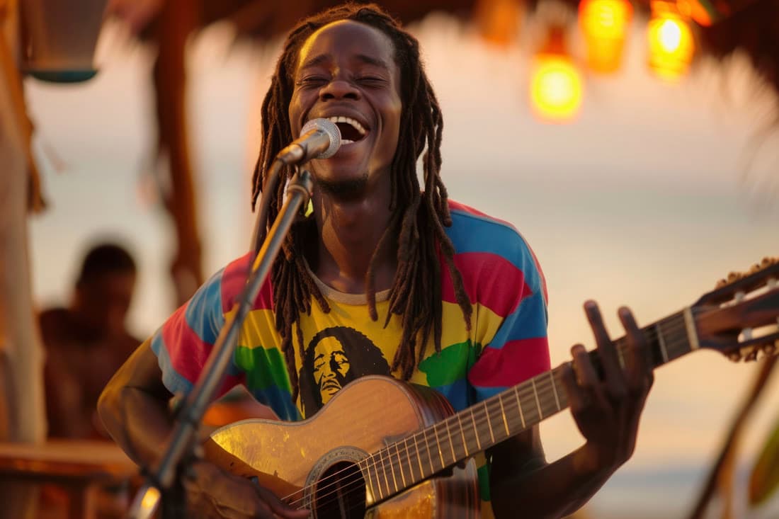 A singer with dreadlocks playing guitar and laughing at a beach bar at dusk