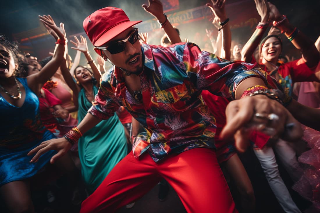 A man dancing at the front of a crowded, brightly lit dancefloor