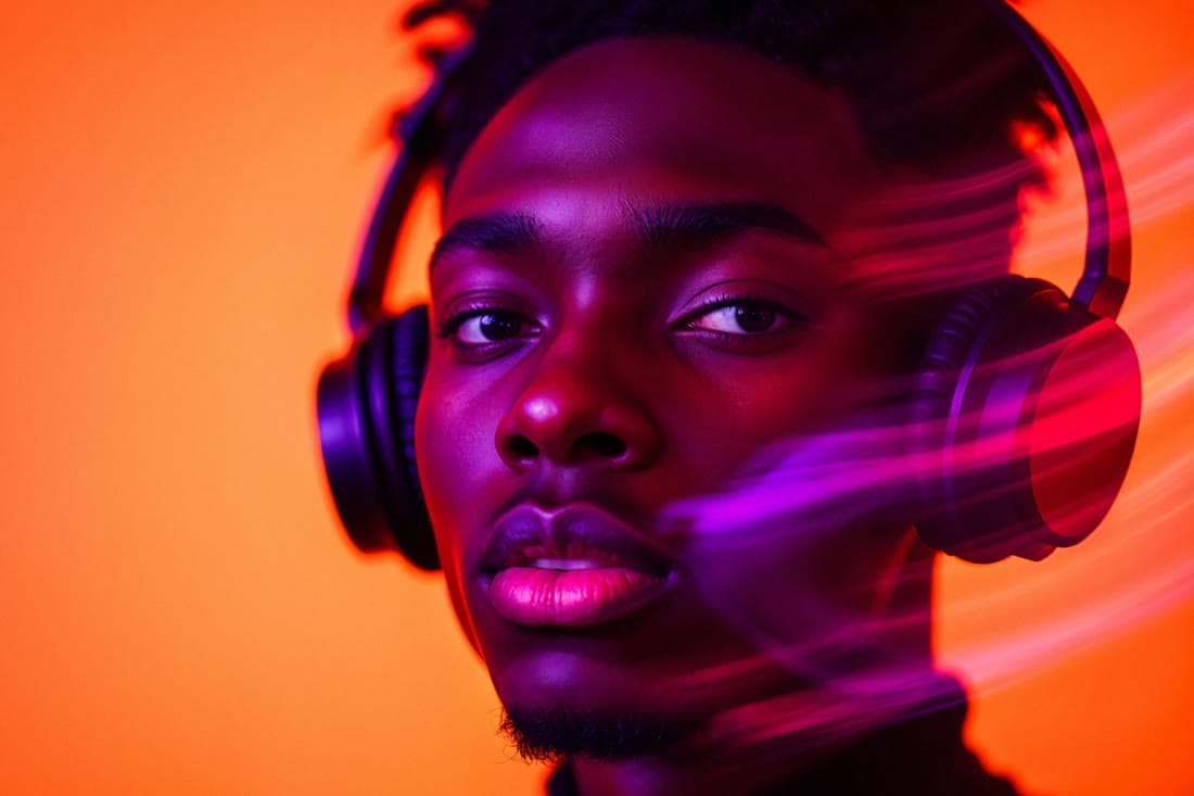 A man in headphones lit by orange and magenta light, streaks of colour moving past him
